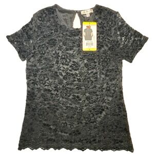 Floral Lace Teddi Rose Short‎ Sleeve Blouse Keyhole Back Scalloped Hem Black S